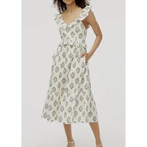 NEW J crew Factory V Neck Ruffle Smocked Crisp cotton print Midi Dress Size 4P